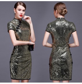 Light gold silver sequins short sleeves cheongsam short length fashion women's ladies  bridal wedding party evening dresses vestidos 